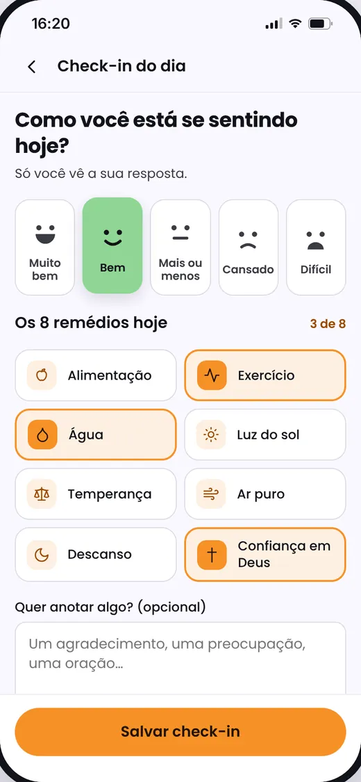 Tela de check-in diário do app Caminhando com Deus