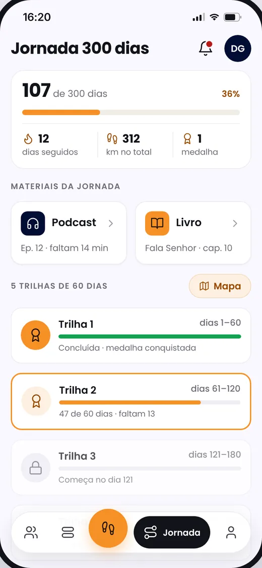 Tela da jornada de 300 dias do app Caminhando com Deus