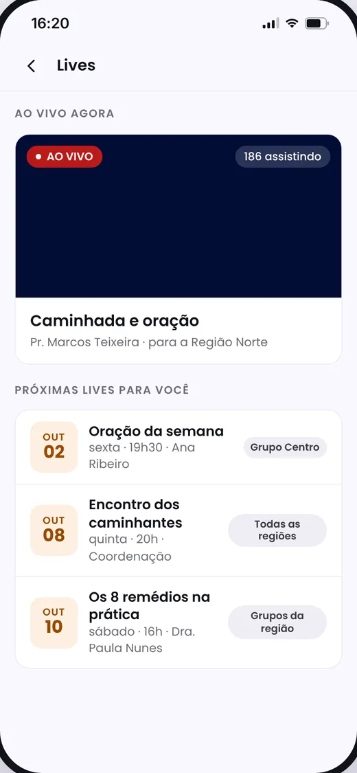 Tela de lives do app Caminhando com Deus