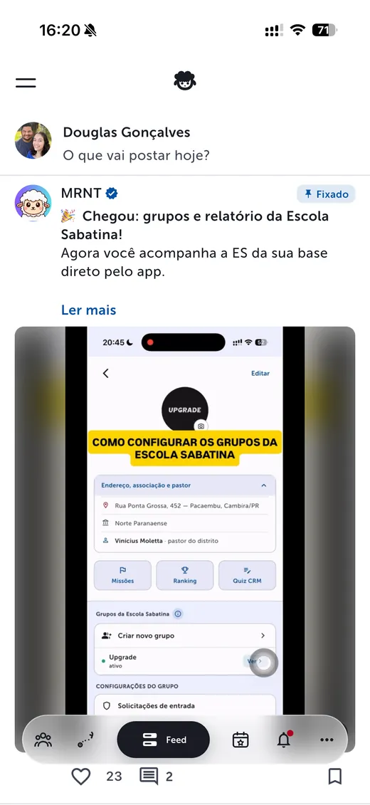 Tela do feed do app MRNT