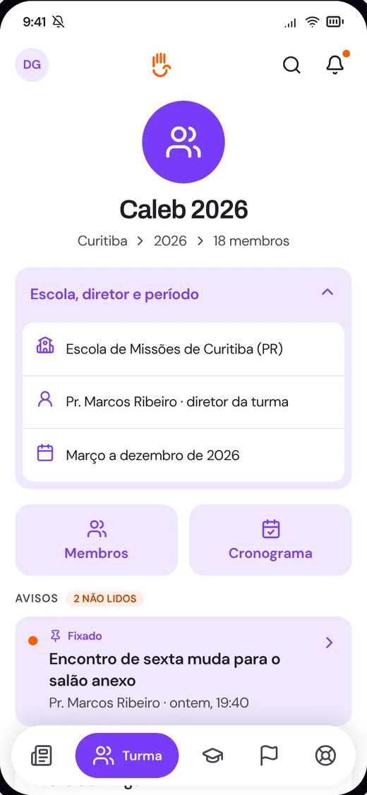 Tela da turma no app SVA